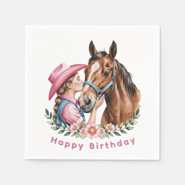 Pink Cowgirl Kissing a Horse Birthday Party Napkin (Front)