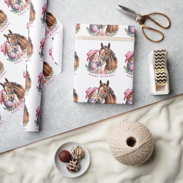 Pink Cowgirl Kissing a Horse Birthday Party  Wrapping Paper (Crafts)