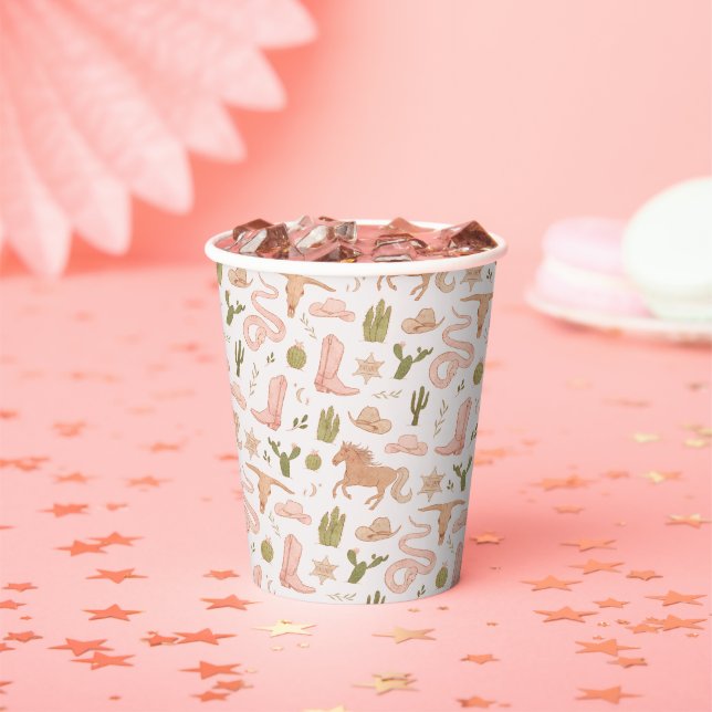 Pink Cowgirl Pattern Baby Shower Paper Cups (Insitu)