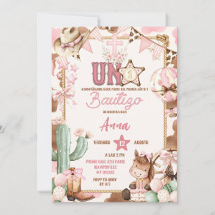 Pink Cowgirl Spanish Uno Baptism & First Rodeo Invitation
