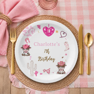 Pink Cowgirl Western Birthday thank you tag Paper Plate