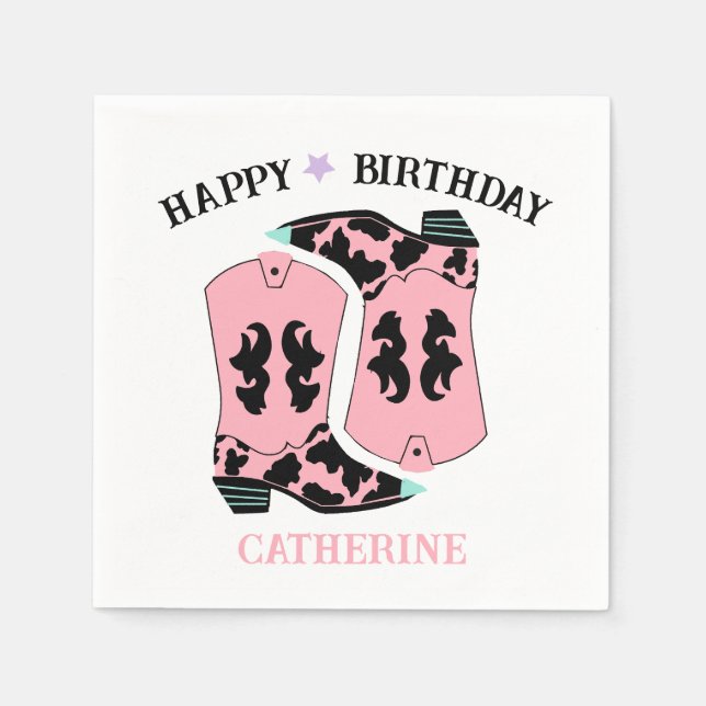 Pink Cowgirl Western Boots Ranch Cowboy Birthday Napkin (Front)