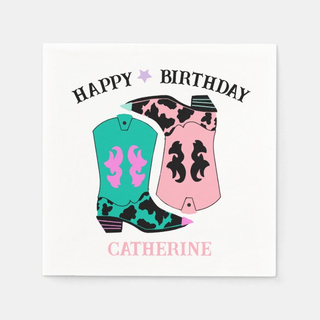 Pink Cowgirl Western Boots Ranch Cowboy Birthday Napkin (Front)