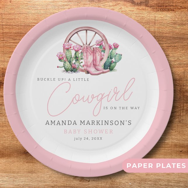 Pink Cowgirl Western Cactus Baby Shower Paper Plate (Creator Uploaded)