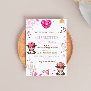 Pink Cowgirl Western Highland Cow Birthday Invitation
