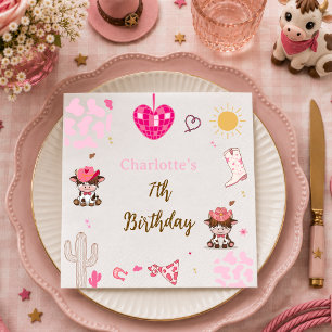 Pink Cowgirl Western highland cow Birthday  Napkin