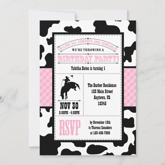 Pink Cowhide Cowboy Birthday Invitation (Front)