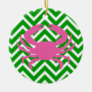 Pink Crab and Green Chevron Monogram Ceramic Tree Decoration