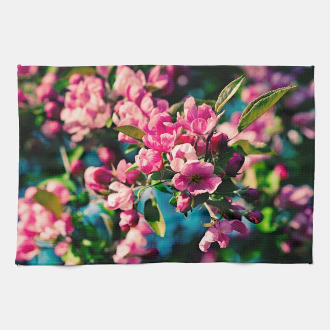 Pink Crab Apple Flowers Tea Towel (Horizontal)