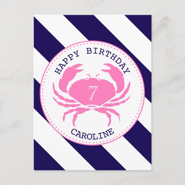 Pink Crab Nautical Birthday Invitation (Front)