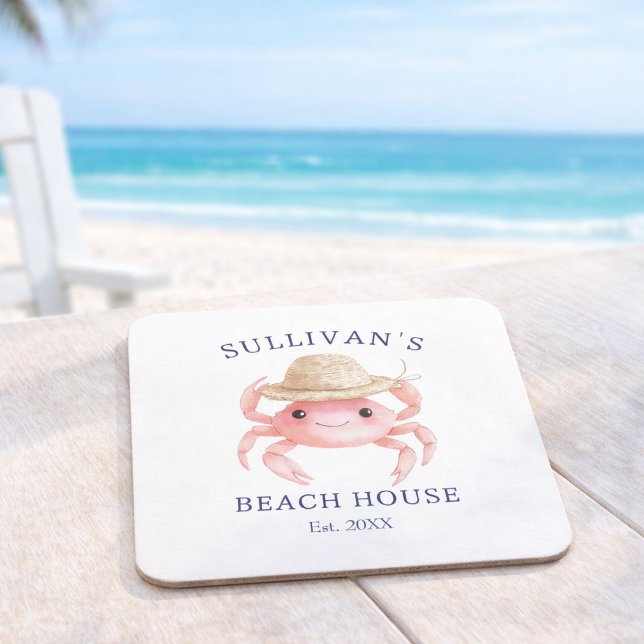 Pink Crab Navy Blue Script Coastal Beach House Square Paper Coaster (Creator Uploaded)