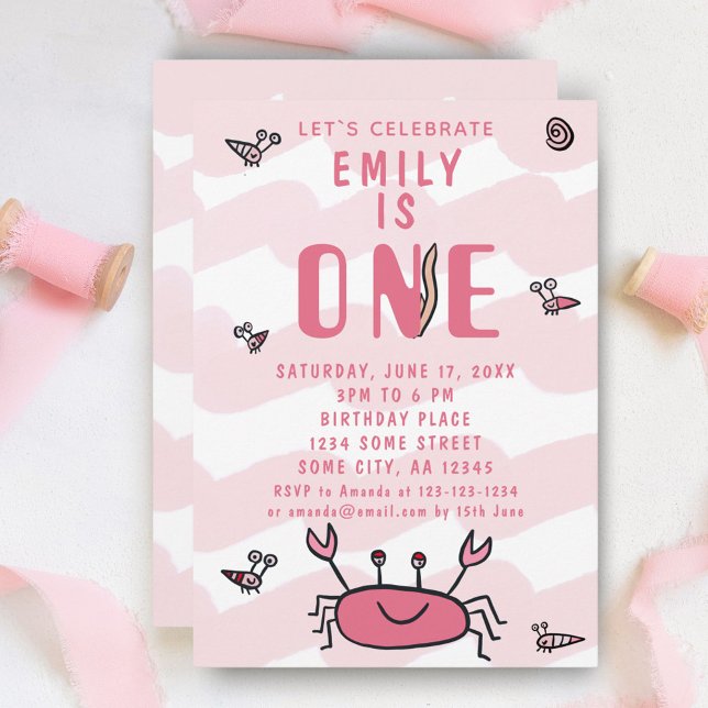 Pink Crab Sea Animals Girl 1st Birthday Invitation (Creator Uploaded)
