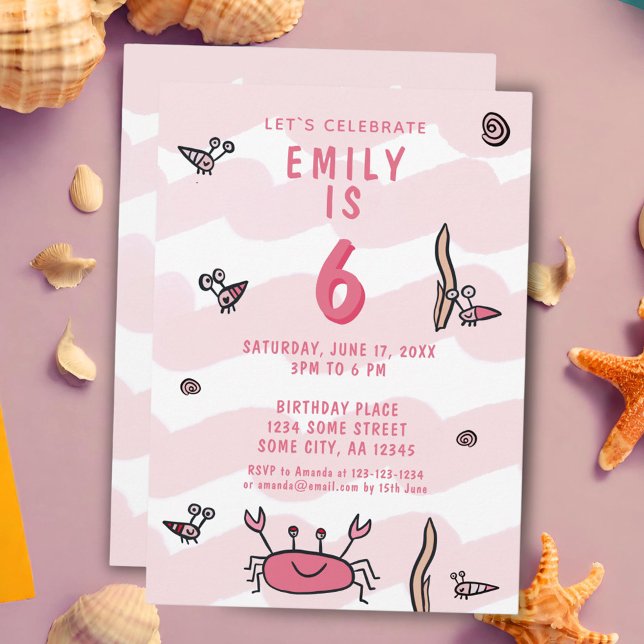 Pink Crab Sea Animals Girl Birthday Invitation (Creator Uploaded)