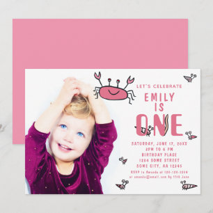 Pink Crab Sea Animals Girl Photo 1st Birthday Invitation