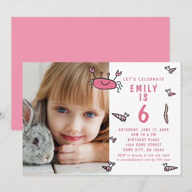 Pink Crab Sea Animals Girl Photo Birthday  Invitation (Front/Back)