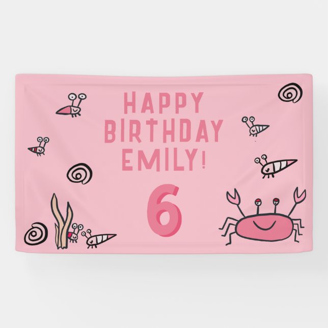 Pink Crab Sea Animals Shell Girl Photo Birthday Banner (Horizontal)
