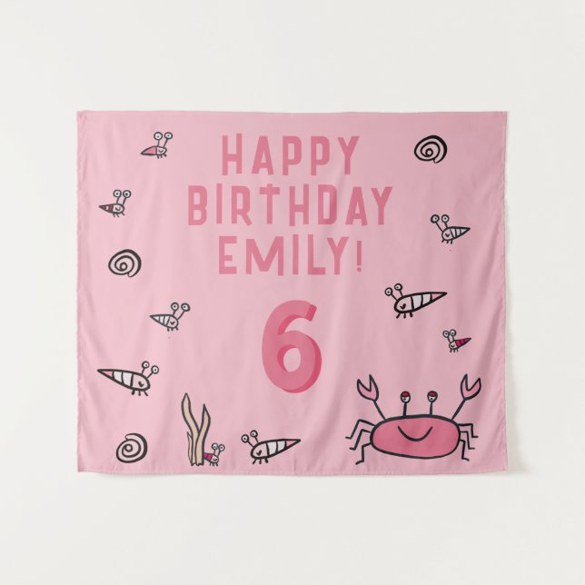 Pink Crab Sea Animals Shell Girl Photo Birthday Tapestry (Front (Horizontal))