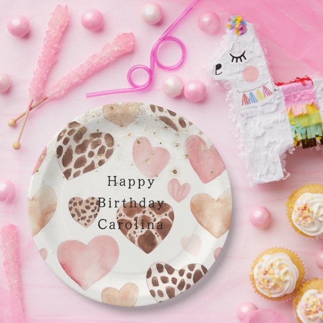 Pink Cream Animal Hearts Gold Sparkle Birthday Paper Plate (Party)