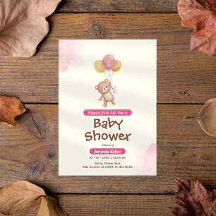 Pink & Cream Baby Bear Balloon Baby Shower Invitation
