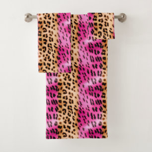 Pink Cream Black Leopard Animal Print Bath Towel Set