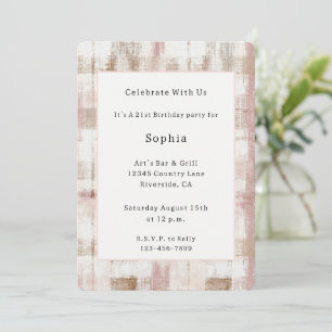 Pink Cream Brown Abstract Stripes Birthday Invitation