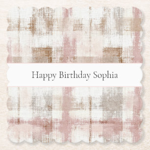 Pink Cream Brown Abstract Stripes Birthday Paper Coaster