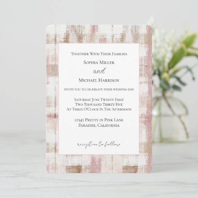 Pink Cream Brown Abstract Stripes Wedding Invitation (Standing Front)