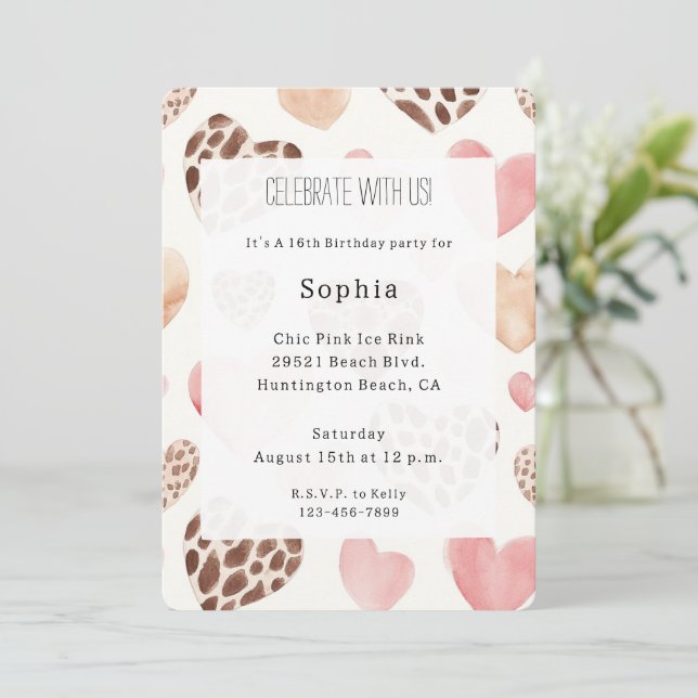 Pink Cream Brown Leopard Hearts Birthday Invitation (Standing Front)