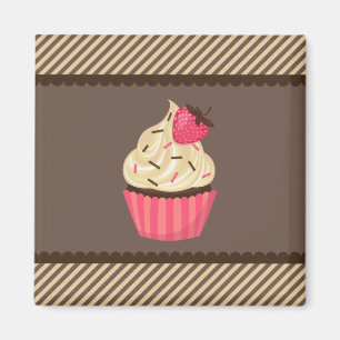 Pink Cream Brown Stripes Strawberry Cupcake Magnet