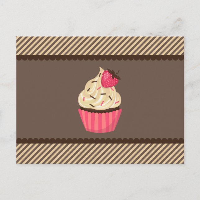 Pink Cream Brown Stripes Strawberry Cupcake Postcard (Front)