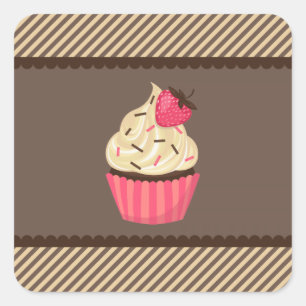 Pink Cream Brown Stripes Strawberry Cupcake Square Sticker