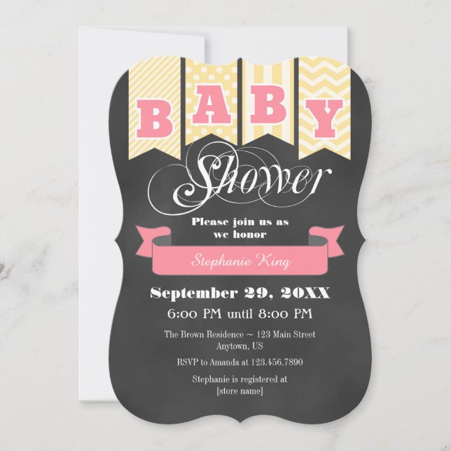Pink Cream Chalkboard Flag Baby Shower Invite (Front)