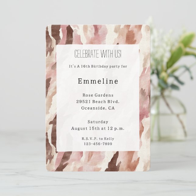 Pink Cream Chocolate Brown Abstract Birthday Invitation (Standing Front)