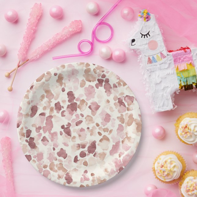Pink Cream Chocolate Brown Abstract Leopard Animal Paper Plate (Party)