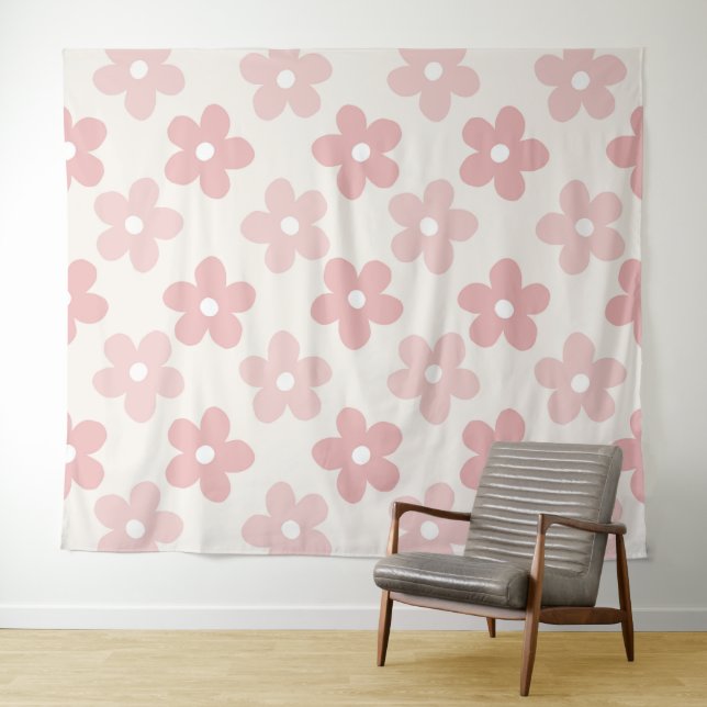 Pink Cream Daisy Flowers Retro Pattern Tapestry (In Situ (Horizontal))