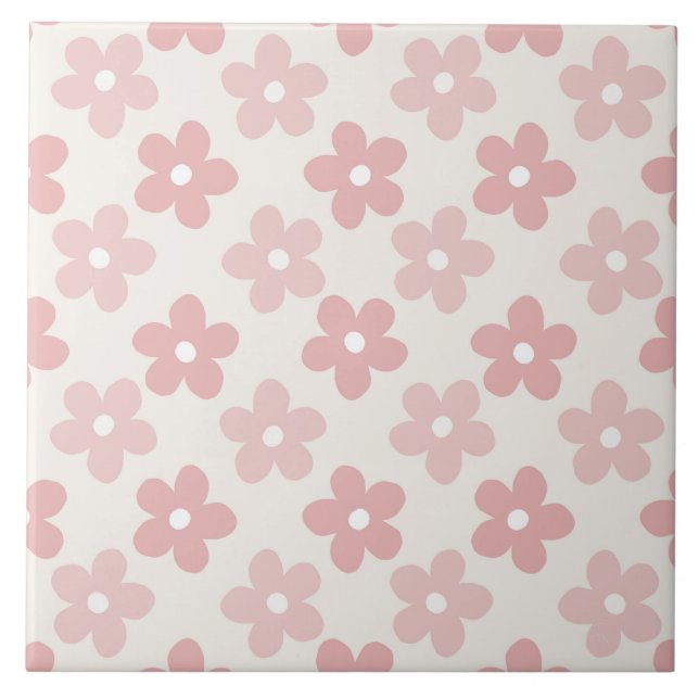 Pink Cream Daisy Flowers Retro Pattern Tile (Front)
