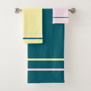 Pink Cream Dark Teal Geometric Stripes  Bath Towel Set