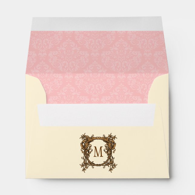 Pink & Cream Floral Crest Damask Monogram Envelope (Back (Bottom))