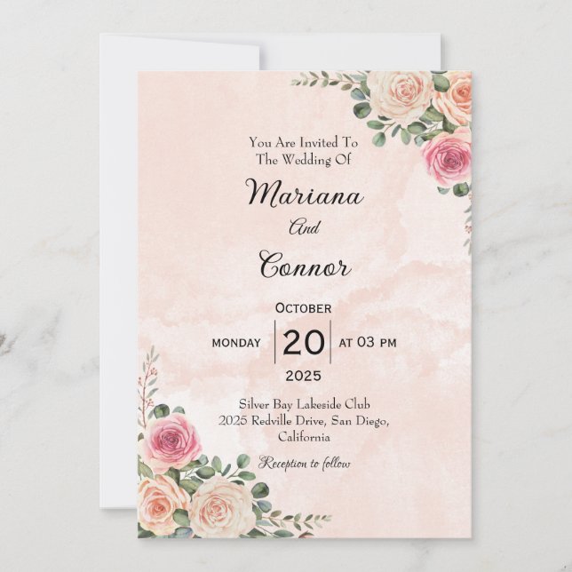 Pink Cream Floral Minimal Wedding Invitation (Front)