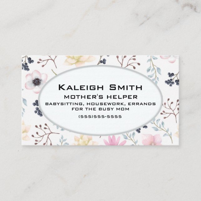 Pink Cream Floral on White Mother's Helper Calling Card (Front)