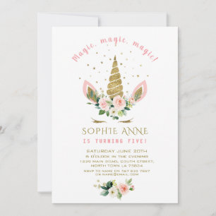 Pink Cream Flowers Gold Glitter Unicorn Birthday Invitation