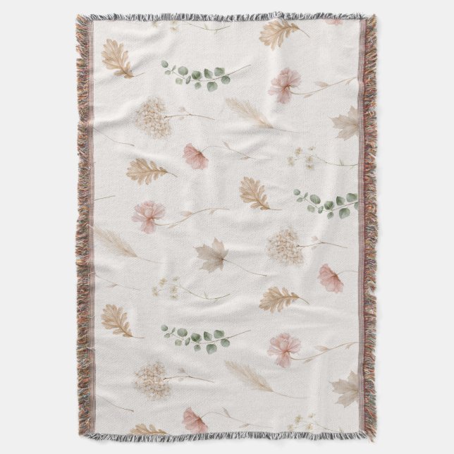 Pink Cream Flowers Leaves  Throw Blanket (Front Vertical)
