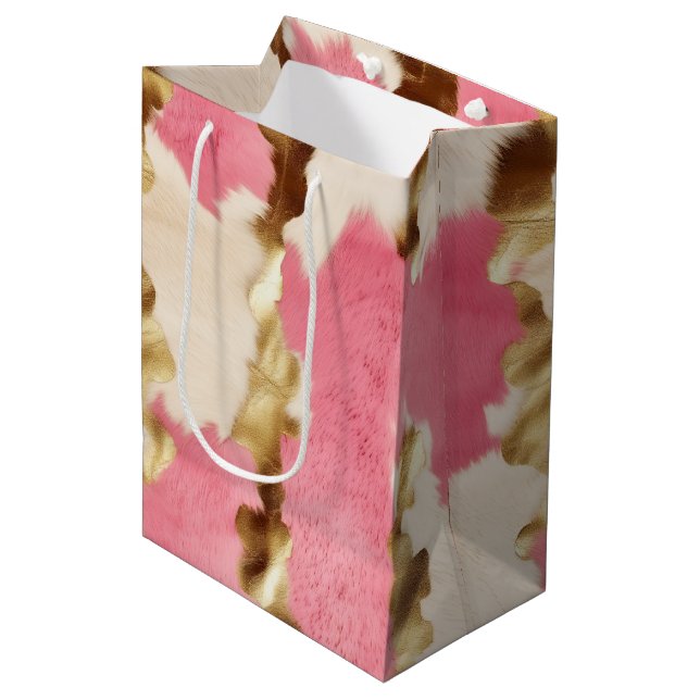 Pink Cream Gold Cowhide Medium Gift Bag (Front Angled)