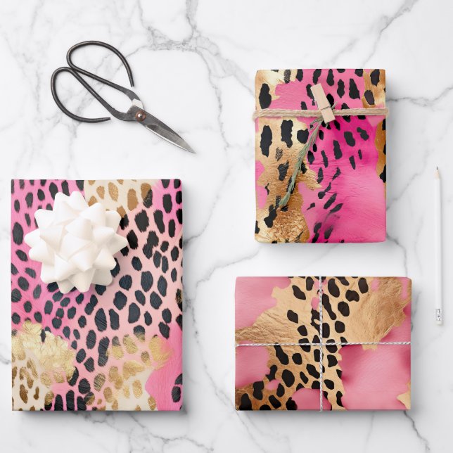 Pink Cream Gold Leopard Wrapping Paper Sheet (Front)