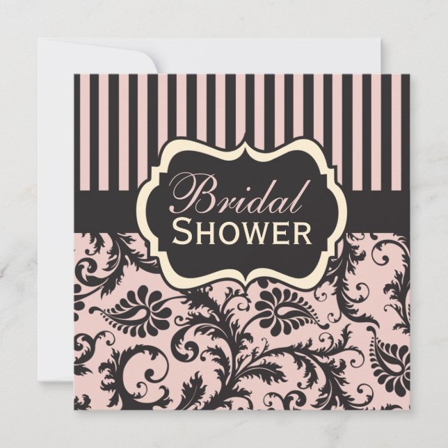 Pink, Cream, Grey Damask Bridal Shower Invitation (Front)