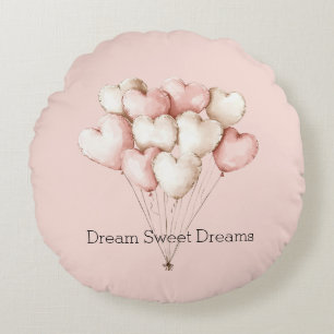 Pink Cream Hearts Balloons Round Cushion