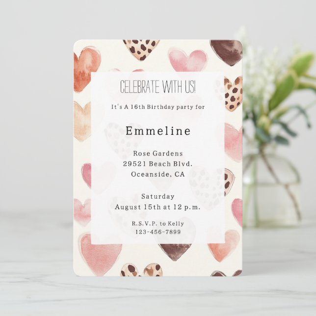 Pink Cream Hearts Leopard Birthday Invitation (Standing Front)