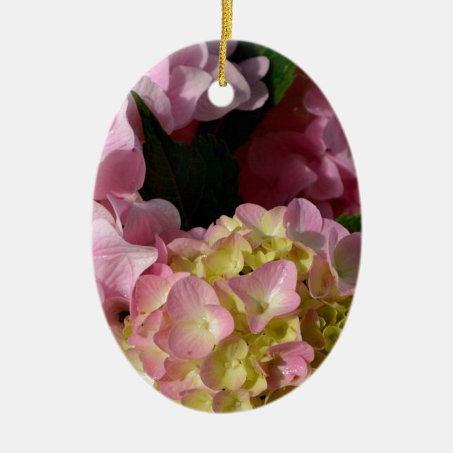 Pink Cream Hydrangeas yellow pink green floral  Ceramic Tree Decoration (Front)
