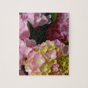 Pink Cream Hydrangeas yellow pink green floral  Jigsaw Puzzle