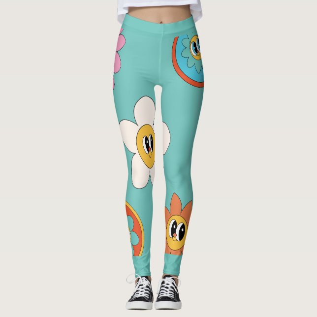 pink cream illustration retro flower leggings (Front)